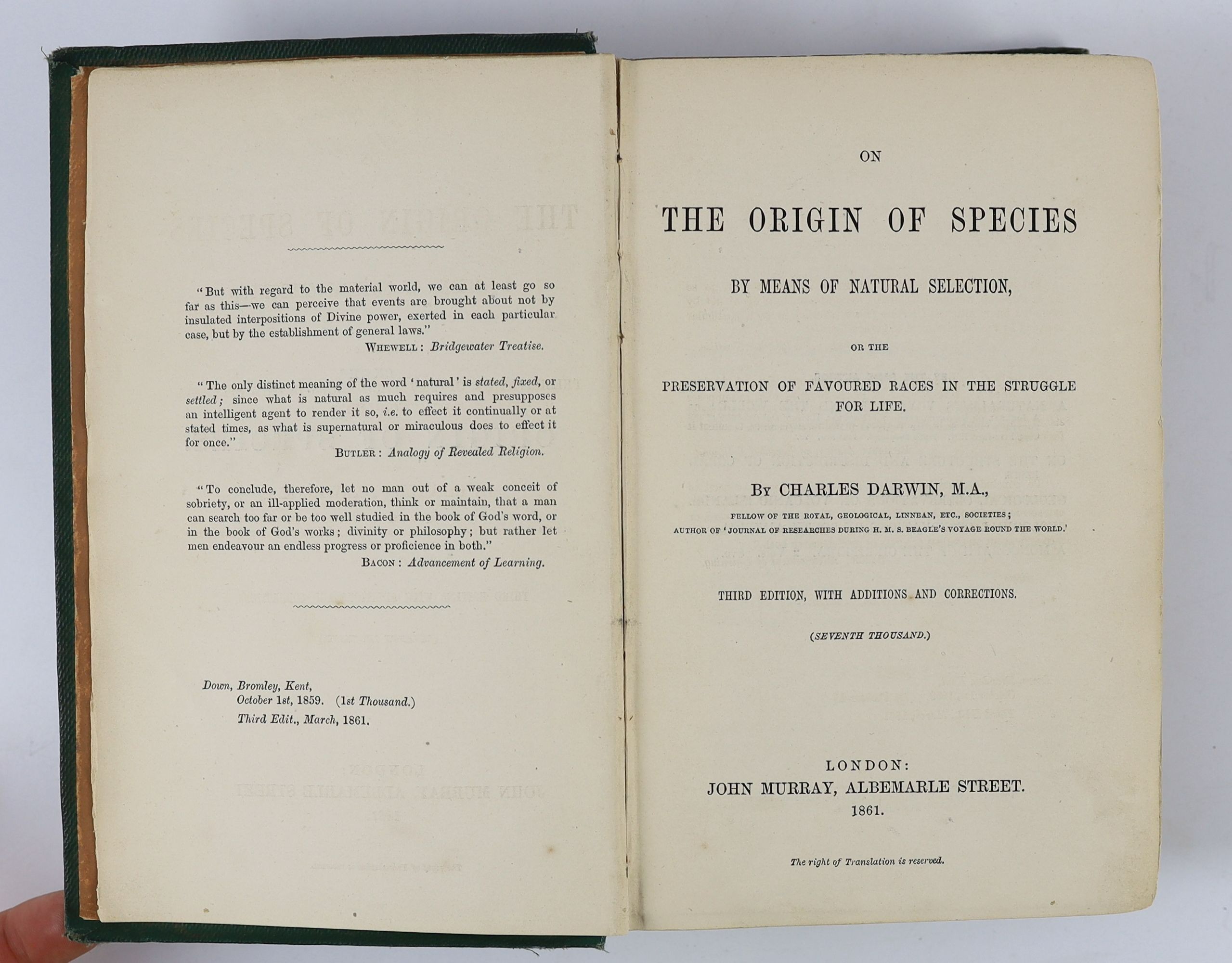 Darwin, Charles - The Origin of Species By Means of Natural Selection... Third Edition, with Additions and Corrections. (Seventh Thousand.), half-title, one folding lithographed plate, 2 pages of advertisements at end, p